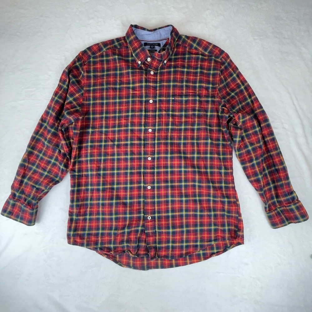 Tommy Hilfiger Shirt Men's XL Red Navy Plaid Long Sleeve Classic Fit Button Down